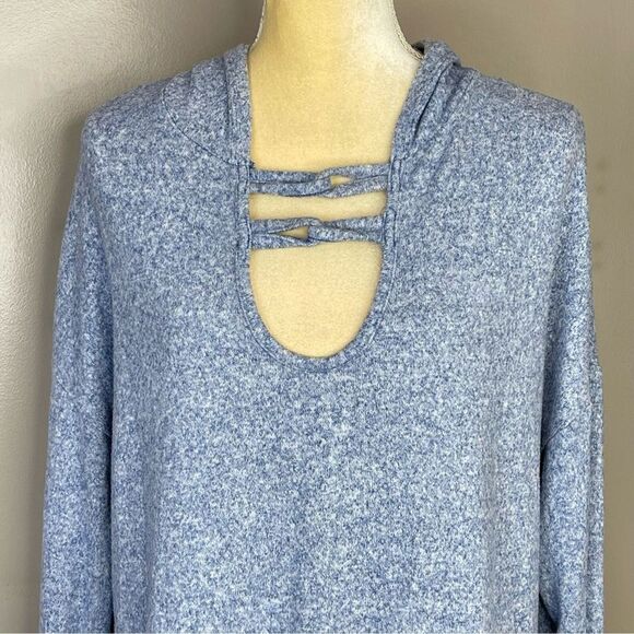 Women Sweatshirt Large Hoodie Blue Long Sleeve Hi-Low Poof New York - Picture 3 of 13